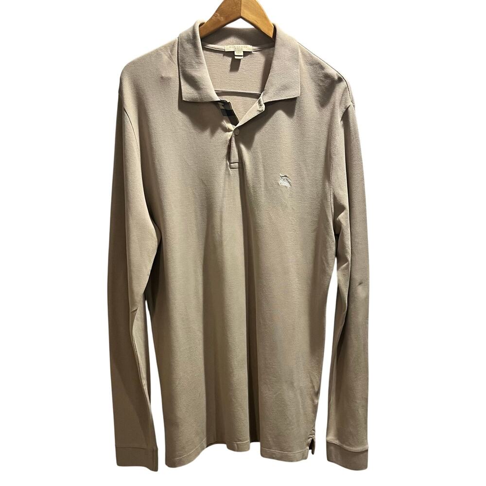 Burberry Brit Long Sleeve Polo Shirt Men Beige Tan Cotton Nova Check Plaid Sz Lg